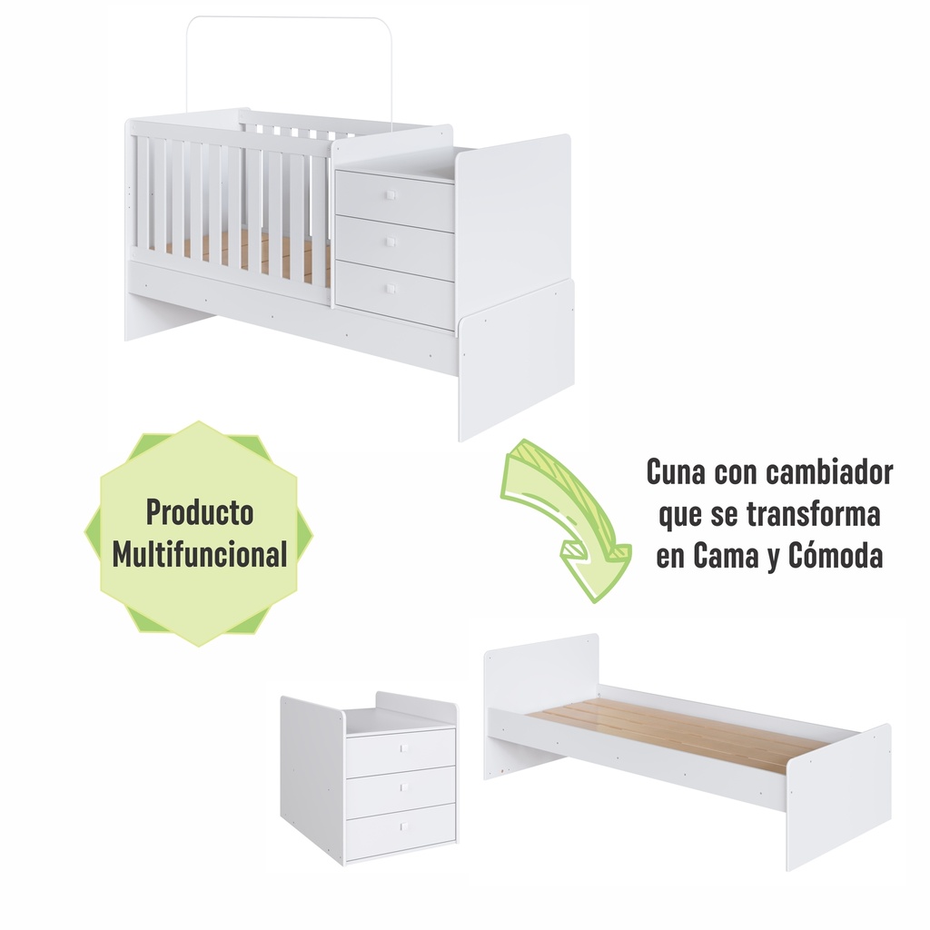 Cama Cuna Multifuncional sin auxiliar blanco