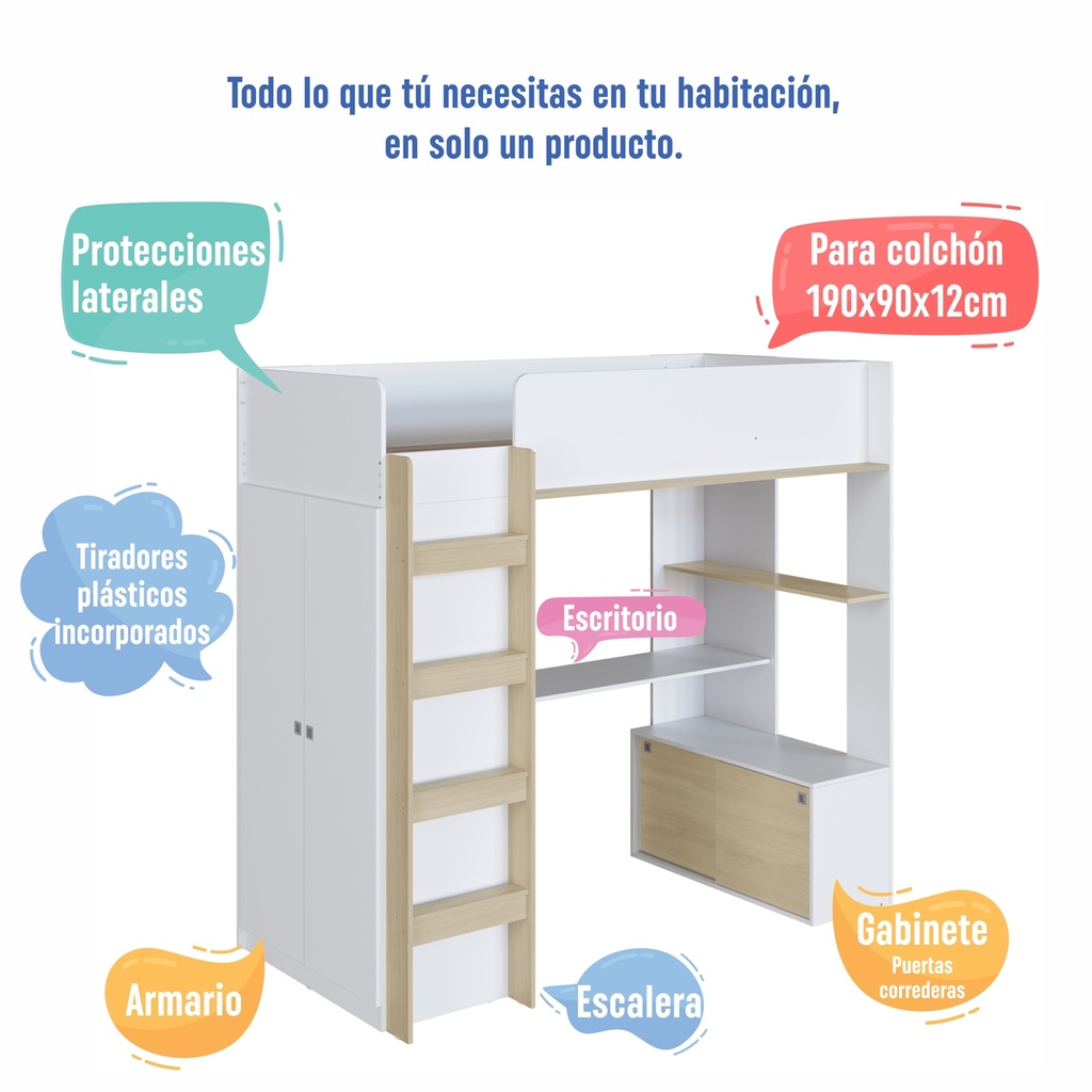 Cama elevada multifuncional c/ 2 colchónes Supreme D23 1 plaza
